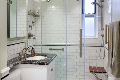 Alcove shower - mid-sized transitional master white tile and ceramic tile mosaic tile floor alcove shower idea in New York with an undermount sink, furniture-like cabinets, white cabinets, marble countertops, a two-piece toilet and green walls