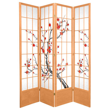 Traditional Room Divider, Rice Paper With Cherry Blossom Print, Natural/4 Panels
