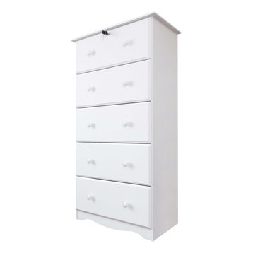 100% Solid Wood 5-Super Jumbo Drawer Chest With Lock, White