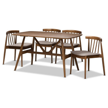 5 Piece Dining Set, Curved Table & Chairs With Slatted Back, Beige/Walnut Brown