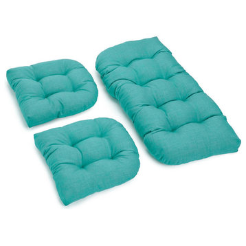U-Shaped Spun Polyester Tufted Settee Cushion Set, Set of 3, Aqua