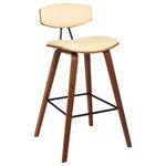 Armen Living - Fox 30" Mid-Century Bar Height Barstool in Cream Faux Leather With Walnut Wood - The Armen Living Fox mid-century barstool is a sophisticated and functional contemporary piece certain to enhance the aesthetic of the modern home. The Fox's frame and legs are made of a durable plywood while the back and seat are upholstered in cream faux leather. The modern barstool includes a metal footrest that allows for added comfort and style. The Fox is available in 26 inch counter and 30 inch bar height.