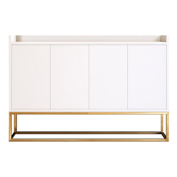 48" White Buffet Sideboard Kitchen Sideboard Cabinet With 4 Doors, Gold