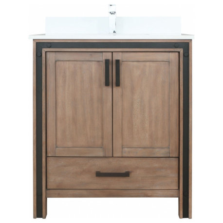 30" Single Sink Bathroom Vanity, Rustic Barnwood, Base Cabinet With Carerra White Top No Mirror