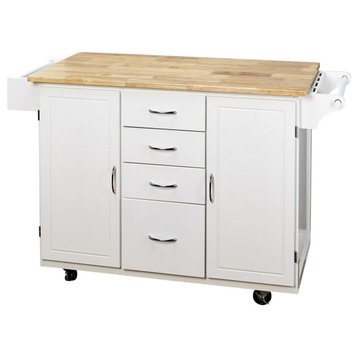 Cottage Country Kitchen Cart, Cabinets/Drawers With Chrome Pulls, White/Natural