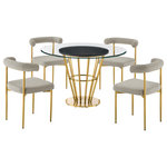 Armen Living - Veronica Shannon Round Dining 5-Piece Set, Gold Brushed Steel, Taupe Fabric - Bring sleek sophistication and comfort to your dining space with the Veronica Shannon 5 Piece Dining Set by Armen Living. This set includes 1 Veronica Round Glass Dining Table and 4 Shannon Upholstered Dining Chairs. With a chic and refined aesthetic, this dining set is ready to make a statement. The dining table includes a 48" glass tabletop that rests on a round walnut veneer panel for a beautiful contrast of materials. The conical base attains a sleek and airy presence with its metallic detailing. The Veronica dining table serves as a stunning centerpiece for your kitchen, dining, or living space, and its round shape creates a natural hub for inclusive conversations and activities. Our Shannon dining chairs serve as a perfect compliment to create this contemporary and modern dining set. The Shannon chair includes a cylindrical cushion and curved backrest to offer perfect back support and a generously padded seat to provide a comfortable seating experience. These chairs are covered in performance fabric to offer easy care and maintenance. This dining set can grace your kitchen, dining room, or living space to make a stunning centerpiece, while it adds a dose of sophistication and comfort from your casual to formal meals. The dining set features quality materials and craftsmanship to serve you for years to come. The Veronica Shannon 5 Piece Round Glass Dining Table Set is available in matching finishes and a variety of colors, or sold separately to achieve any look you desire.
