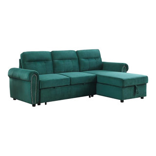 Maklaine Velvet Fabric Reversible Sleeper Sectional Sofa Chaise in Gray ...