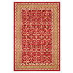 Bareens Designer Rugs - Bohemien Ziegler Alysia Red Green Hand-Knotted Wool Rug - 6'0'' x 8'9'' - Enhance the ambiance of your home with this magnificent Persian-influenced Turkish hand-knotted rug made by skilled artisans capable of creating the most exceptional vegetable dyes and hand-spun wool. This exquisite handmade rug is a one-of-a-kind Peshawar Kafkaz, otherwise identified as Chobi, Chobi Peshawar, Oushak, or Ziegler rug. These handmade rugs are crafted in Pakistan utilizing superior-quality wool imported from Australia, New Zealand, and Korea in two types of weaves: the Persian weave and the Mori weave. This rug is meticulously crafted by hand using the finest natural vegetable dyes extracted from local plants. The artisans use a blend of hand-spun local and fine merino wool, resulting in a rug with a compelling texture, higher lanolin content, and longer staple. The artisans occasionally incorporate natural or artificial silk into the pile to enhance specific motifs. The finished product is an awe-inspiring execution of flawless design and an understated palette that exudes elegance.