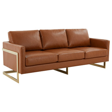 Modern Mid-Century Upholstered Leather Sofa, Gold Frame, Cognac Tan, LA83BR-L