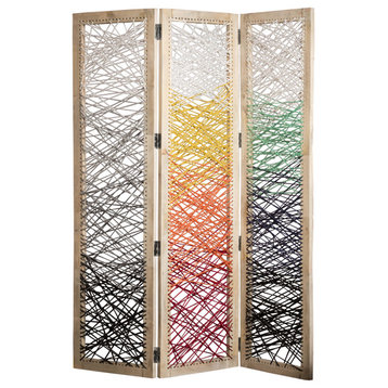 Benzara BM228614 3 Panel Wooden Screen with Woven Reinforced Yarn, Multicolor