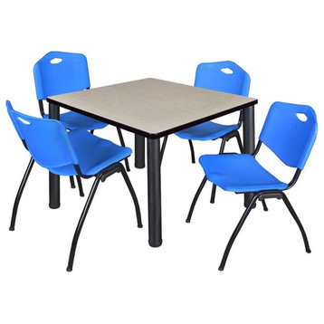 Kee 36" Square Breakroom Table, Maple, Black and 4 'M' Stack Chairs, Blue