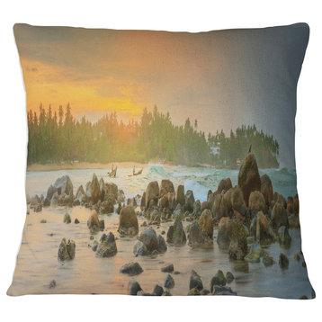 Rocky Romantic Beach of Sri Lanka Landscape Printed Throw Pillow, 18"x18"