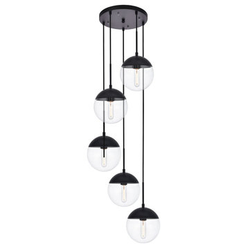 Midcentury Modern Black And Clear 5-Light Pendant