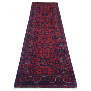 Red Afghan Khamyab Wool Tribal Design Hand Knotted Runner Rug, 2'9"x9'7"