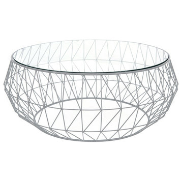LeisureMod Malibu Modern Round Glass Top Coffee Table With Metal Base, Grey