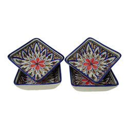 Le Souk Ceramique - Square Stoneware Sauce Dishes, Set of 4, Tabarka Design - Serving Dishes And Platters