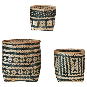 Bamboo Baskets With Pattern, Natural/Black, 3-Piece Set