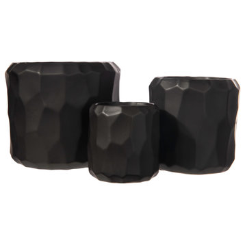 Round Ceramic Pot with Irregular Design Body Matte Black Finish, Set of 3