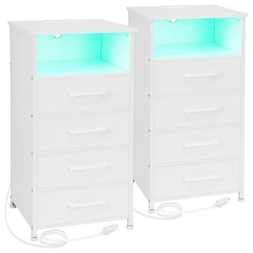 2 Pack Nightstand, Open Shelf With LED Lights & USB Charging Ports, White