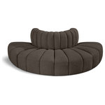 Meridian Furniture - Arc Upholstered Outward Curved Modular Sectional, Brown, 4-Piece: Reverse Corner (4), Boucle Fabric - Give your living room or den the perfect blend of style and versatility with this Arc boucle fabric curved modular Sectional. Part of the Arc modular furniture collection, this Sectional comes upholstered in rich brown boucle fabric and features deep channel tufting that adds a touch of luxury while enhancing comfort and support. A seamless combination of form and function, this chair can be used with other Arc pieces to create a myriad of configurations in your well-curated room.