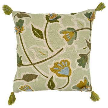 Poly Filled Throw Pillow With Embroidered Large Floral Design, 20"x20", Green