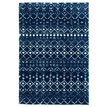 Bohemian Area Rug, Unique Navy/Ivory Tribal Geometric Patterned Pile, 8' X 10'
