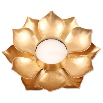 Novica Handmade Golden Lotus Glow Steel Tealight Candleholder