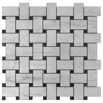 12"x12" Carrara Marble Basketweave Tile, Nero Marquina Black Dots Polished