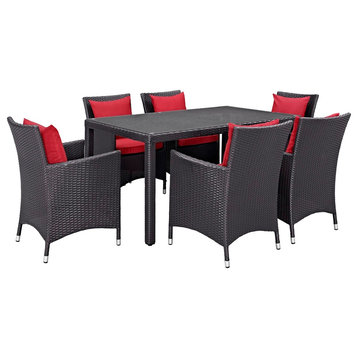 Modern Urban Outdoor Patio 7-Piece Dining Chairs and Table Set, Red, Rattan