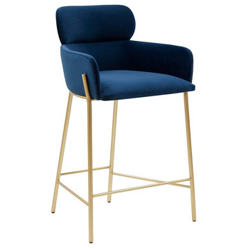 Contemporary Counter Stool, Gold Base & Velvet Seat With Curved Back, Navy