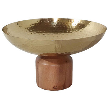 Benzara BM284950 Roe 12" Large Acacia Wood Table Bowl, Steel, Gold & Brown