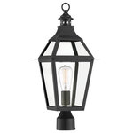 Savoy House - Jackson Black With Gold Highlighted 1-Light Outdoor Post Lantern, 9x23 - This Savoy House Jackson 1-light outdoor post lantern is the perfect way to easily boost your home’s curb appeal. It is crafted in a classic, timeless style with boldly angled curves, eye-catching pierced metal detail and panes of clear glass that ensure a bright, beautiful glow. Jackson is finished in black with gold highlights to go well with anything and add a touch of glamour. Use this post light to mark the start of your driveway, to illuminate stairs outside your home, to brighten up outdoor living spaces and more. This fixture is 9" wide and 22.75" tall. It fits posts and pier mounts that are 3" in diameter. Uses a standard size bulb of up to 60 watts (not included).