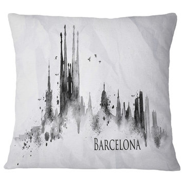 Barcelona Black Silhouette Cityscape Painting Throw Pillow, 18"x18"