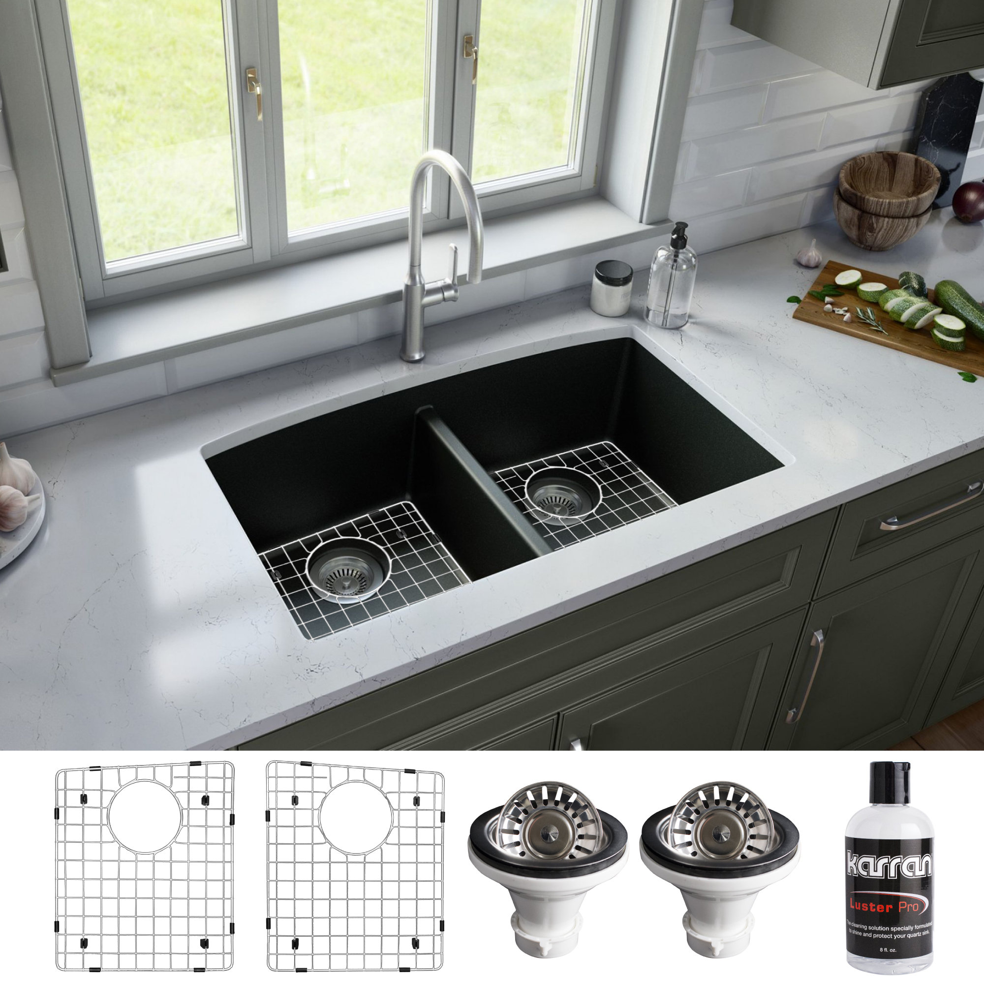 Karran Undermount Quartz 32" 50/50 Double Bowl Kitchen Sink Kit, Black