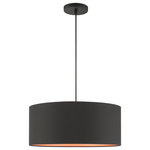 Livex Lighting - Black Mid Century Modern, Bohemian, Versatile, Retro, Scandinavian Pendant - The Sentosa collection has a modern and retro appeal. The hand-crafted black fabric hardback shade is set off by the silky orange fabric on the inside creating an intriguing effect. The three-light drum shade adds character to this handsomely styled pendant.  Perfect fit for the living room, dining room, kitchen and bedroom. This sleek design is shown in a black finish.