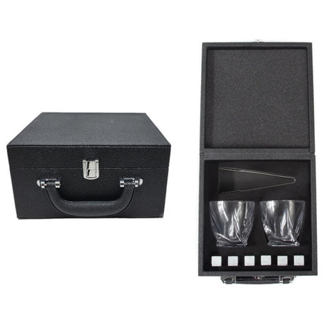 Designer Boxed Faux Shagreen Whiskey Glass Gift Set Vegan Leather Black 10 pc