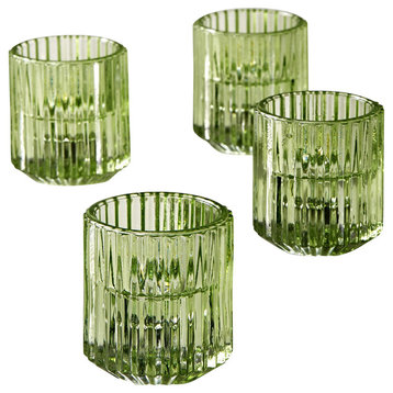 Green Ribbed Glass Votive Holders, Set of 4