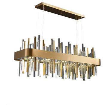 Gold/chrome rectangle crystal chandelier for dining room, kitchen island, Brushed Gold, 43.3", Cool Light