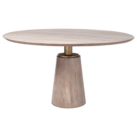 Maxwell II Round Dining Table, Light Brown Wood Top With Gold Metal Base, 54"