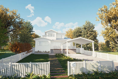 Ejemplo de fachada de casa blanca y gris marinera grande de dos plantas con todos los materiales de revestimiento, tejado a dos aguas y tejado de metal