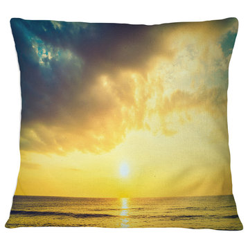Yellowish Sky over Serene Seashore Seascape Throw Pillow, 18"x18"