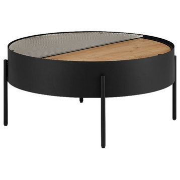 33" Drum Wood Coffee Table with Sliding Top - Black English Oak & Fluted Glass