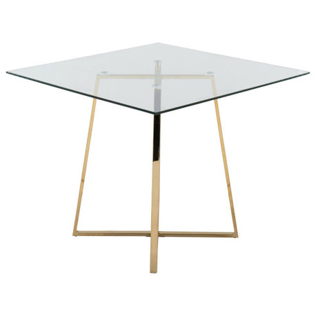 Cosmo Square Dining Table, Gold Metal, Clear Glass