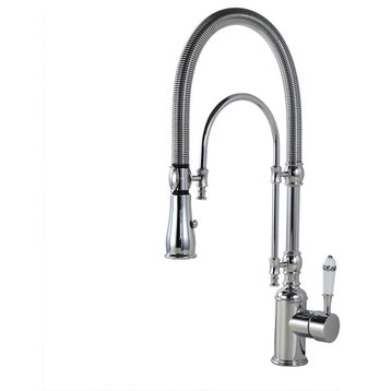 High Arc Dual-Mode Pull-Down Kitchen Faucet Solid Brass with Porcelain Handle, Chrome