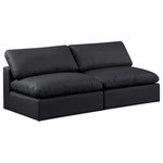 Meridian Furniture - Comfy Upholstered Modular Sofa, Black, 2-Piece: 2 Armless Chair, Vegan Leather - Give your space a whole new look with this black Comfy vegan leather sofa. This handsome sofa fits nicely with other items in the Comfy collection and is a versatile seating option designed for adaptability, comfort and style. Wrapped in rich black durable vegan leathered upholstery, this sofa offers a plush embrace of overstuffed down feather cushions, carefully crafted to deliver the highest level of comfort. The perfect seat for creating an oasis for relaxation, this sofa has thick foam surrounding its frame for added support and coziness.