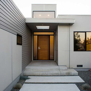 Inspiration för ett mellanstort funkis grått hus, med allt i ett plan, blandad fasad och platt tak