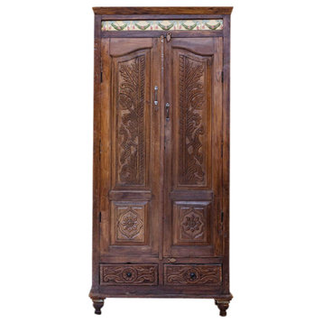 Consigned Antique Armoire, Brown Teak Wood Tall Carved Cabinet with Tiles 80