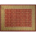 Bareens Designer Rugs - Oriental Ziegler Jadwiga Red Green Hand-Knotted Wool Rug - 10'0'' x 13'6'' - Enhance the ambiance of your home with this magnificent Persian-influenced Turkish hand-knotted rug made by skilled artisans capable of creating the most exceptional vegetable dyes and hand-spun wool. This exquisite handmade rug is a one-of-a-kind Peshawar Kafkaz, otherwise identified as Chobi, Chobi Peshawar, Oushak, or Ziegler rug. These handmade rugs are crafted in Pakistan utilizing superior-quality wool imported from Australia, New Zealand, and Korea in two types of weaves: the Persian weave and the Mori weave. This rug is meticulously crafted by hand using the finest natural vegetable dyes extracted from local plants. The artisans use a blend of hand-spun local and fine merino wool, resulting in a rug with a compelling texture, higher lanolin content, and longer staple. The artisans occasionally incorporate natural or artificial silk into the pile to enhance specific motifs. The finished product is an awe-inspiring execution of flawless design and an understated palette that exudes elegance.
