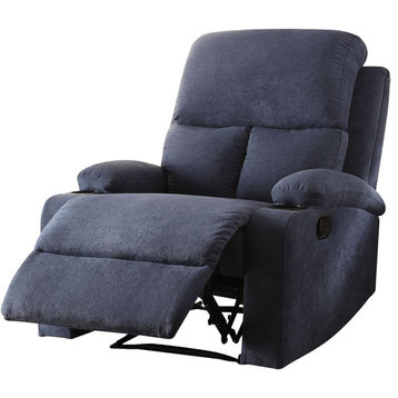 Comfortable Recliner Chair, Manual Mechanism and Arms With Cup Holders, Blue