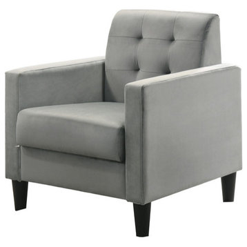 Hale Velvet Accent Armchair With Tufting, Light Gray